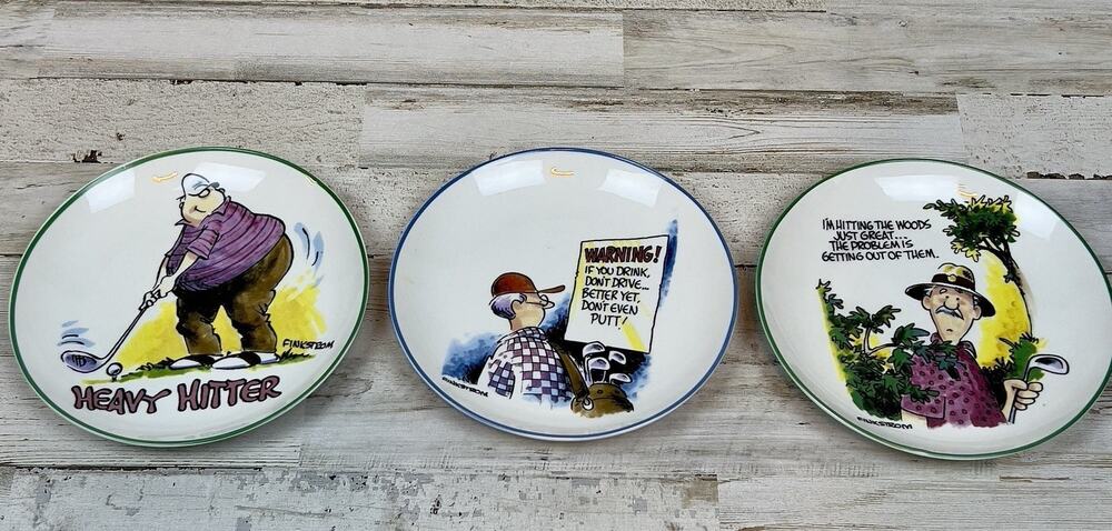 Finkstrom Golf Cartoon Plates Set 3 Centrum Funny Golfer Humor Snack Appetizer